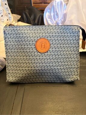 Fendi Blue and Tan FF Logo Canvas Toiletry Pouch